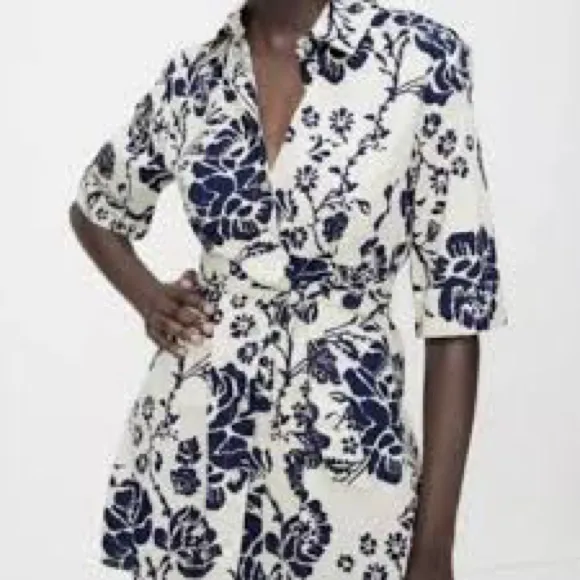 Zara The Lory Blue and White Floral Cotton Shirt Dress NWT - Image 7