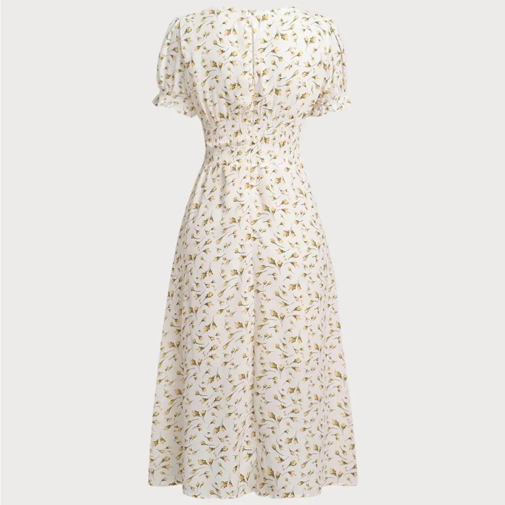 Rihoas Yellow Floral Square Neck Shirred Midi Dress - Image 7