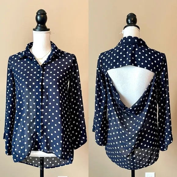 BARDOT | Navy Blue Polka Dot Open Back Sheer Button Down Blouse Sz 4 - Image 2