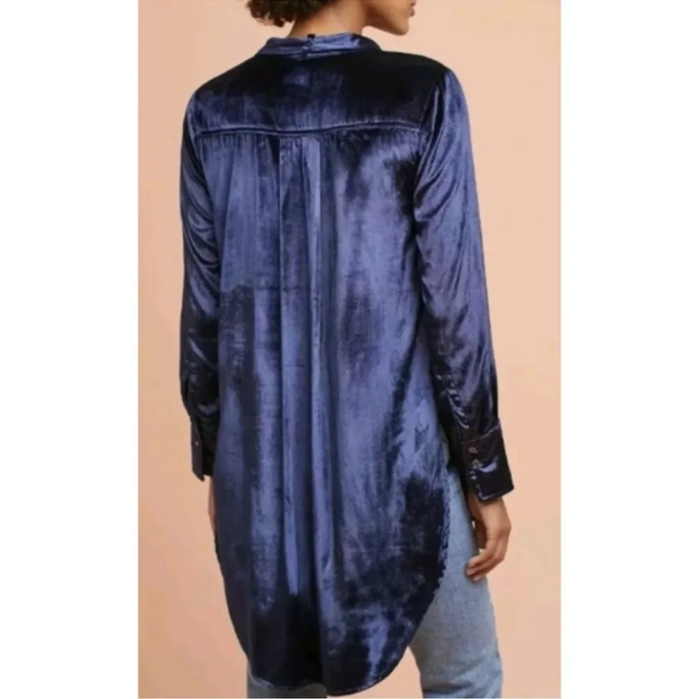 Maeve Anthropologie Royal Blue Crushed Velvet Tie-Neck Button Down Tunic Shirt 2 - Image 12