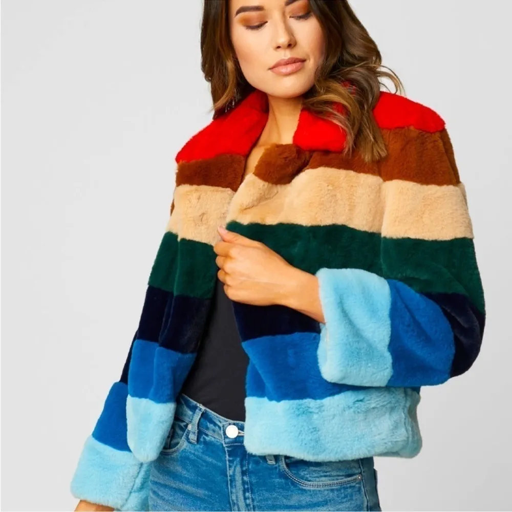 BLANK NYC GUC ** SEE FLAWS** Rainbow Pop Faux Fur Jacket, Size XS, 20” p2p - Image 6