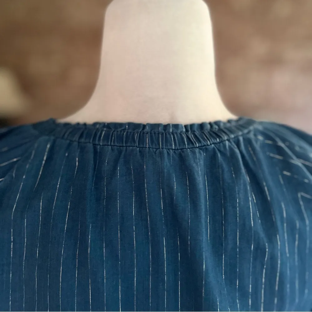 WHBM Top Blue Silver Metallic Striped Long Sleeve Blouse XS Smocked Cuff Party - Image 9