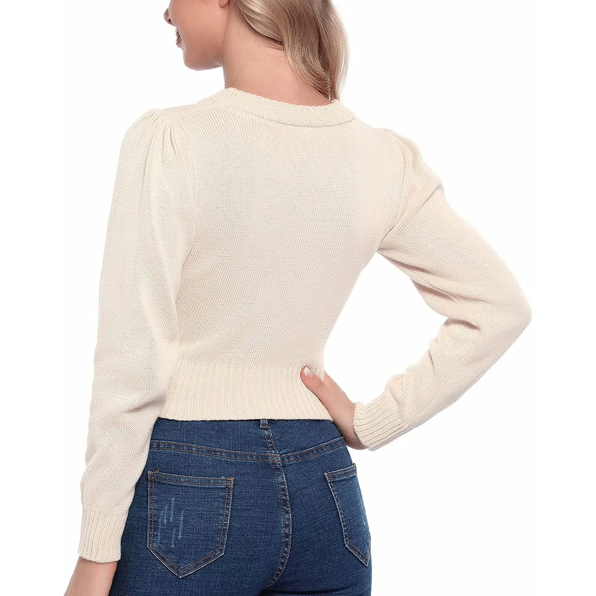 Casual Open Front Knit Cropped Short Sweater Long Sleeve Cardigan Apricot S Tan - Image 5