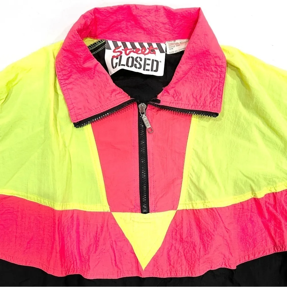 Vintage 90s Street Closed Neon Black Colorblock Half Zip Windbreaker Pink - Image 2