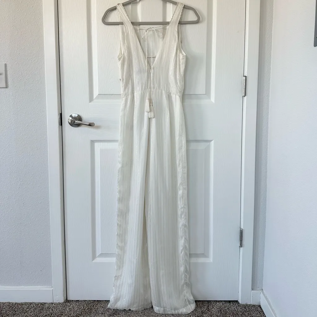 Adelyn Rae Cream Jumpsuit with Gold & Silver Sequin Embroidered Stars NYE NWT - Image 2