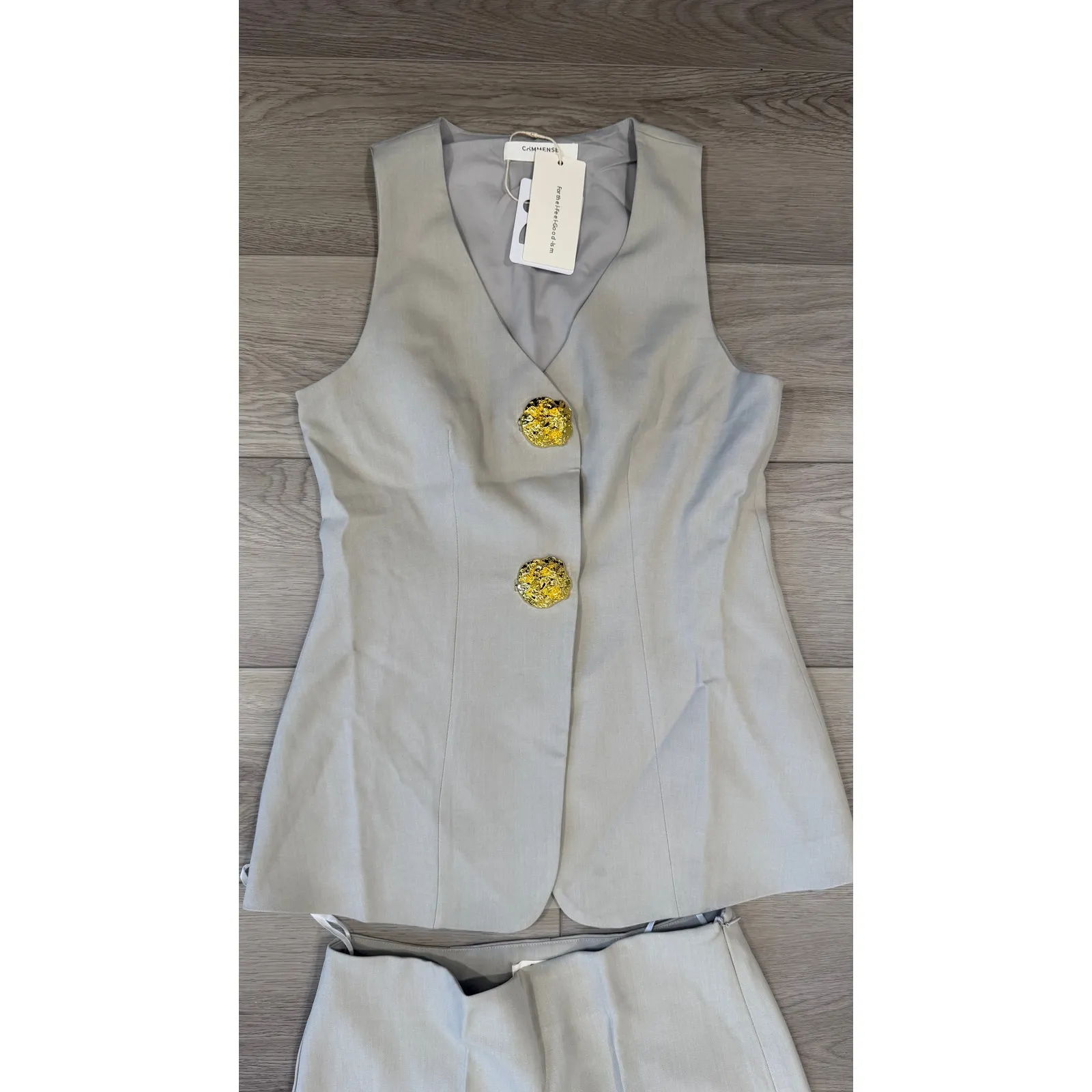 Commense Elegant Old Money Minimalist Gold Button Vest Pants Set Gray L Size L - Image 5