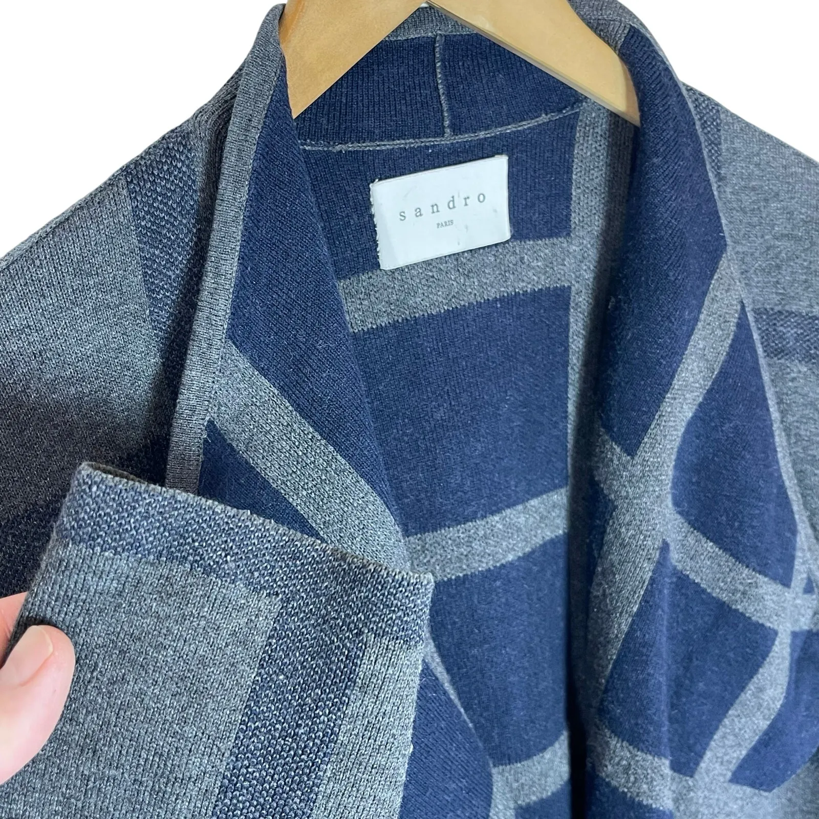 SANDRO Paris Women’s Gray and Blue Plaid Open Front Cardigan - Image 2