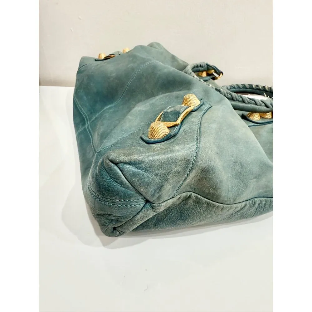 Balenciaga Classic Gold Studs Large Leather Shoulder Handbag Turquoise - Image 10
