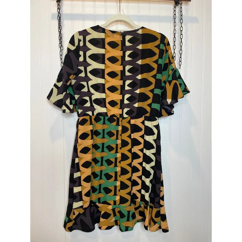AX Paris Green Black Green Aztec Printed Day Mini Wrap Dress Ruffled Size S - Image 5