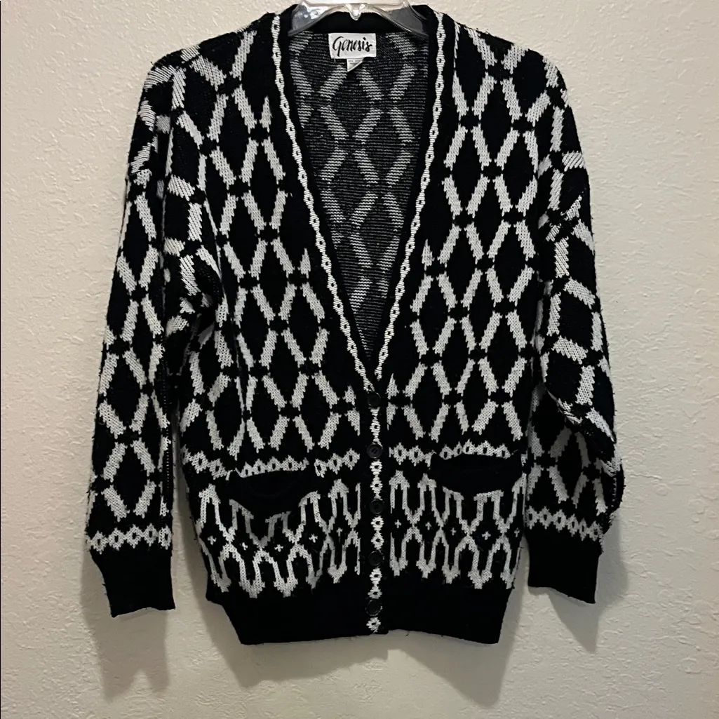Vintage 90s Unisex Grandpa Cardigan Geometric Sweater Size M - Image 2
