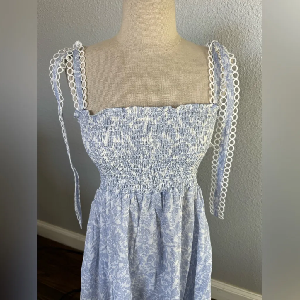 NWT O.P.T. Sonia Midi Dress Size Small Floral Print Smocked White - Image 4