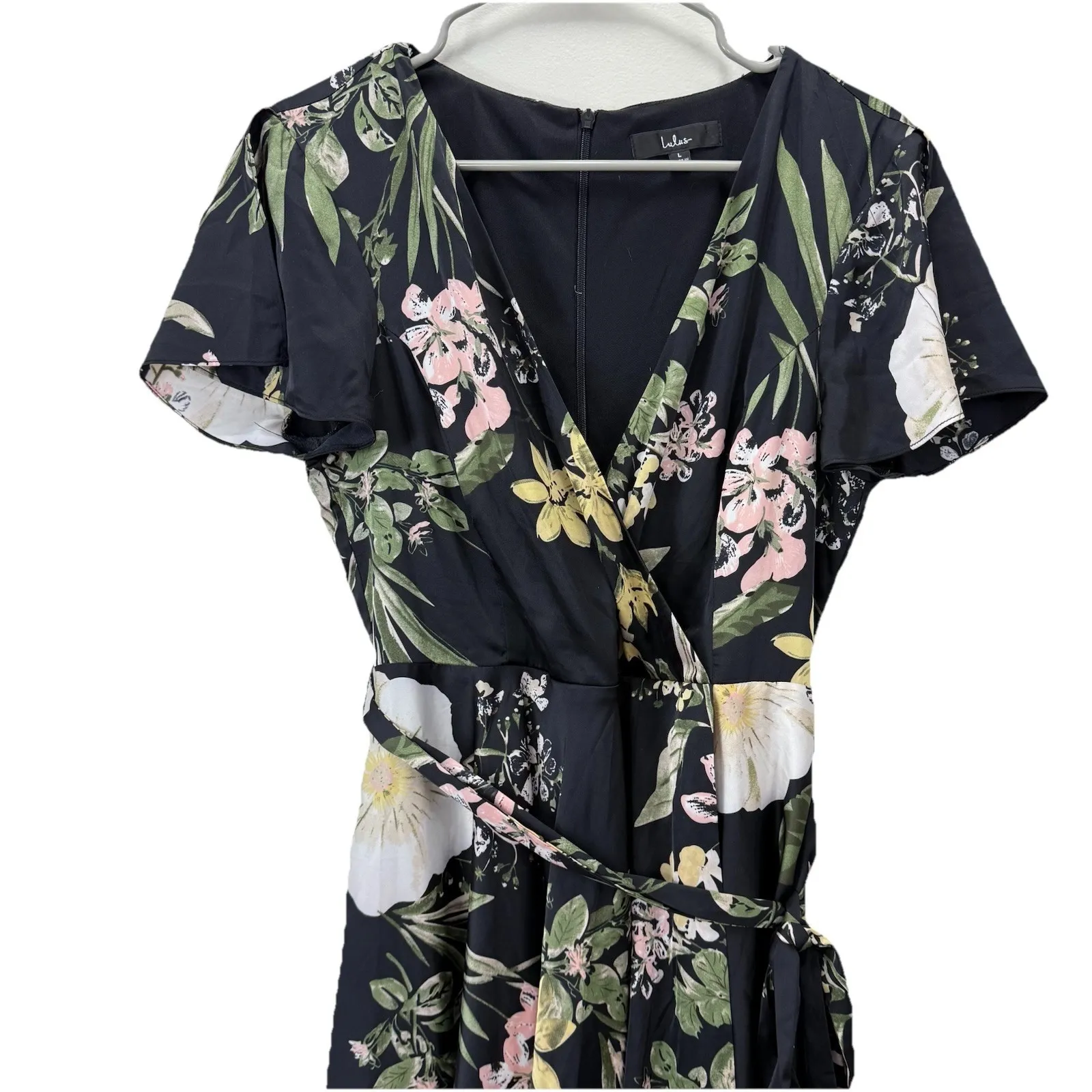 Lulus Delightful Dreaming Black Floral Satin Faux-Wrap High Low Dress Size LARGE - Image 6