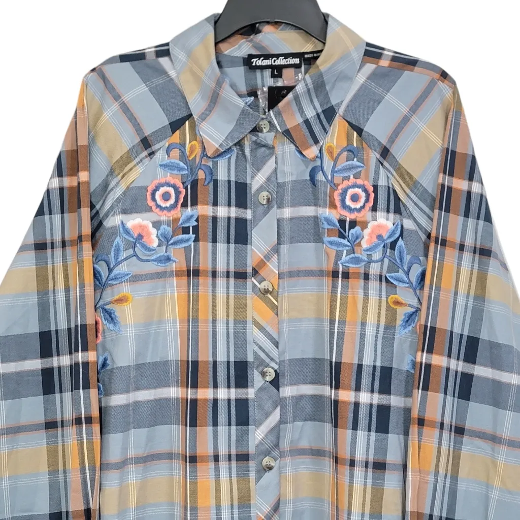 Tolani Collection Plaid Embroidered Button Down Fall Tunic Top Size Large NWT - Image 2