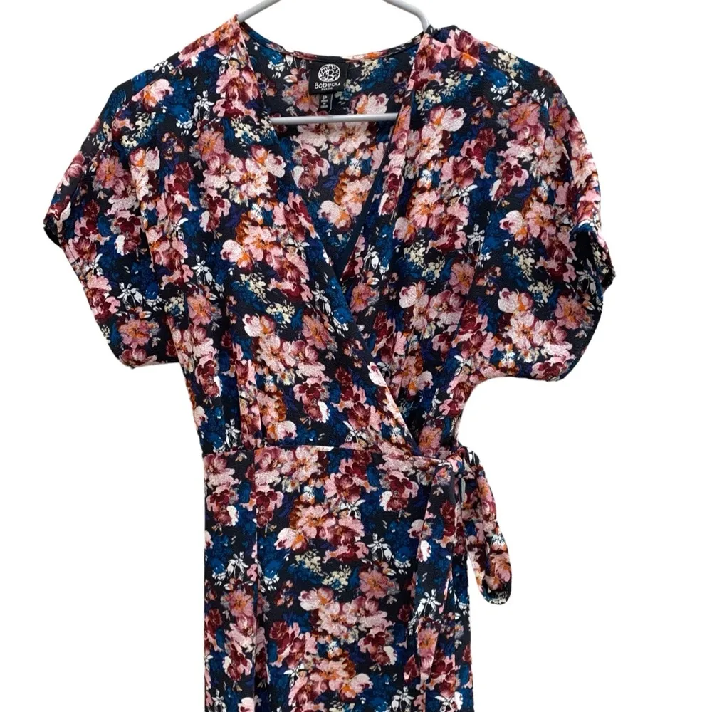 Floral blue pink midi chiffon wrap tie dress asymmetrical modest feminine - Image 8