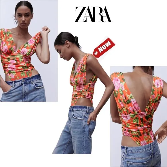 red pink green rose floral flower tropical ruched draped bodysuit S - Image 2