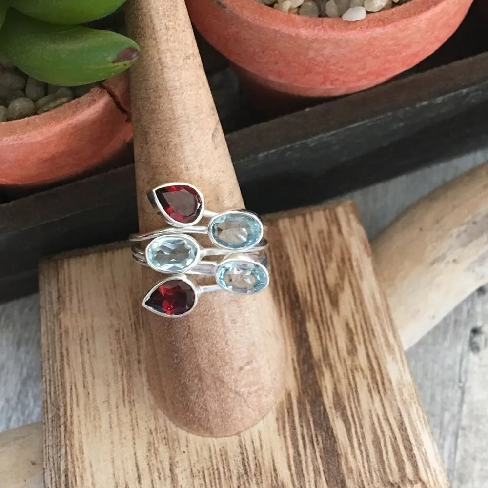 Blue Topaz & Red Garnet Ring Size 8 Sterling Silver - Image 2