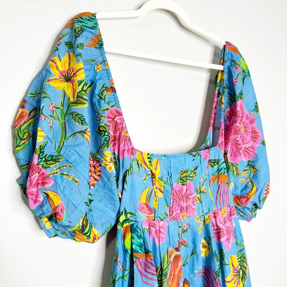 Womens Dress Toucans Garden Midi Puff Sleeve Cut-Out Floral Blue Size S - Image 4