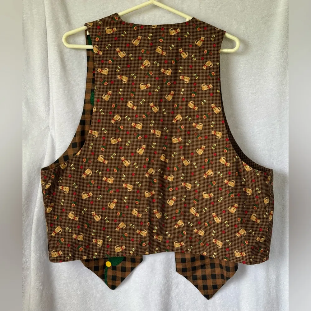Handmade Large Brown Reversible Cat Floral Gingham Vest - Image 10
