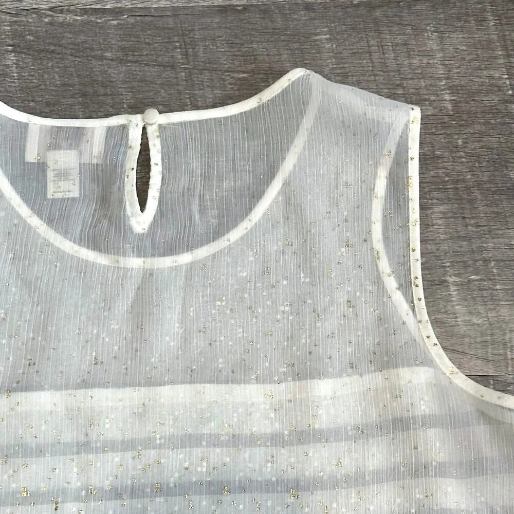 Sleeveless Sheer Tiered Blouse Women M White Metallic Gold Flecked Tank Top - Image 6