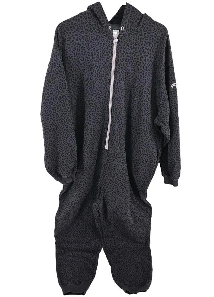 Fabletics Forever Fleece Hooded Onesie Zip Up Pockets Pewter Leopard Orchid 1X - Image 2