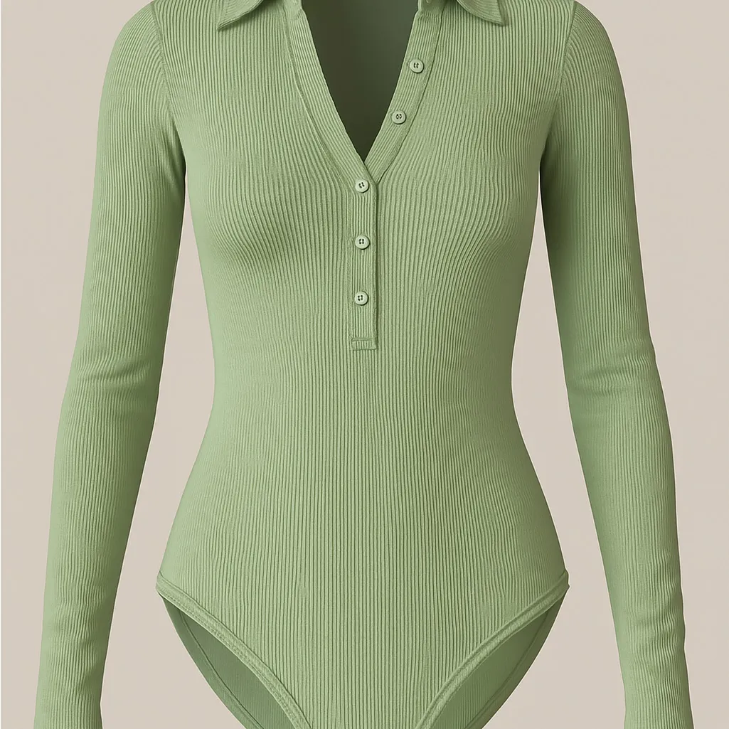 Sage Green Ribbed Long Sleeve Bodysuit Dancewear Latin Practice Top S new Green - Image 2