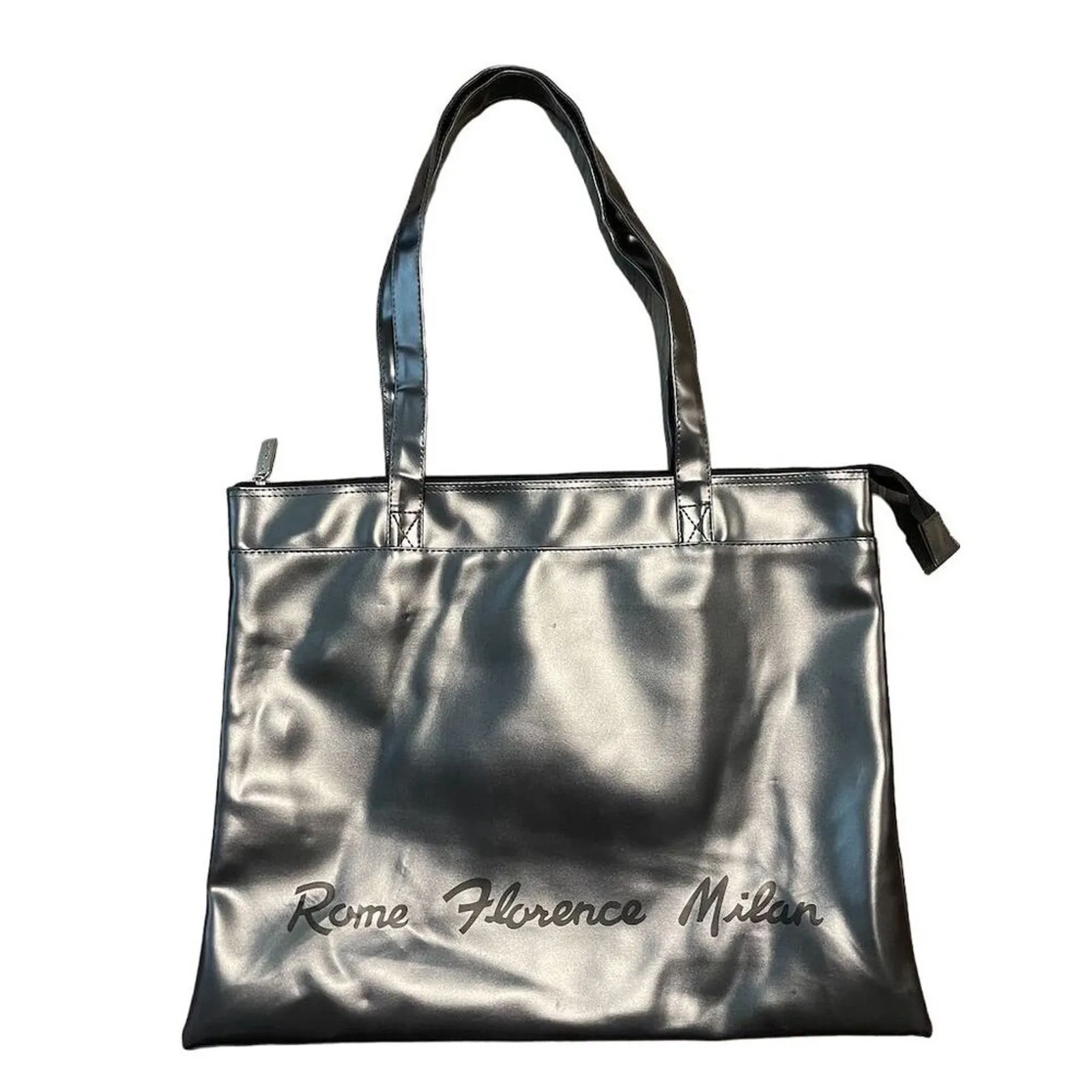 Signature Club A Metallic Tote Bag Women's Rome Florence Milan Script Detail Gray - Image 2
