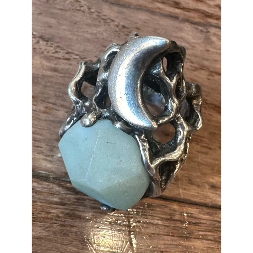 Rare Mania Mania 925 Silver Amazonite Crescent Moon Chunky Statement Ring SZ. 8 - Image 12