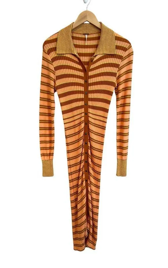NEW Free People Vista Cardi Orange Striped Ribbed Sweater Midi Dress Size Small - Image 4