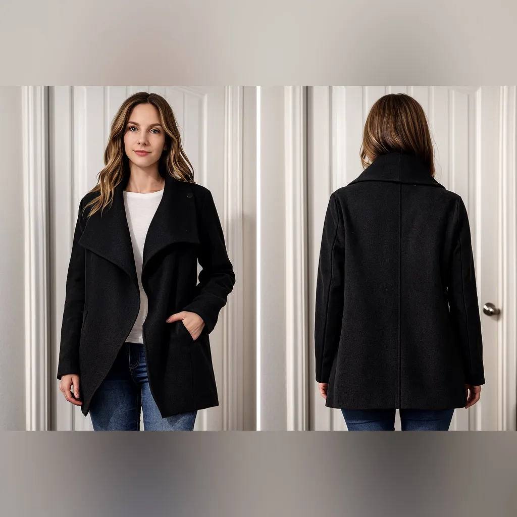 ZARA Woman Black Waterfall Front Coat – Size Medium - Image 3