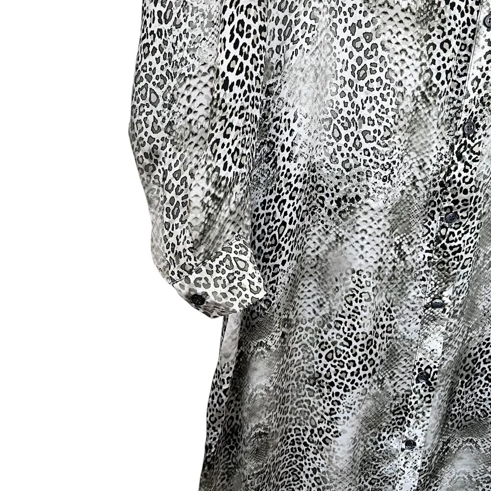 Lola & Sophie Gray Silk Leopard Animal Print Long Sleeve Button Maxi Dress Sz L Size L - Image 5