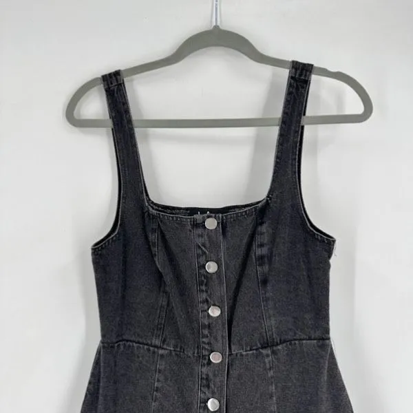 Lulus Corra Denim Mini Dress S Washed Black Button Front Jean Jumper Square Neck - Image 5