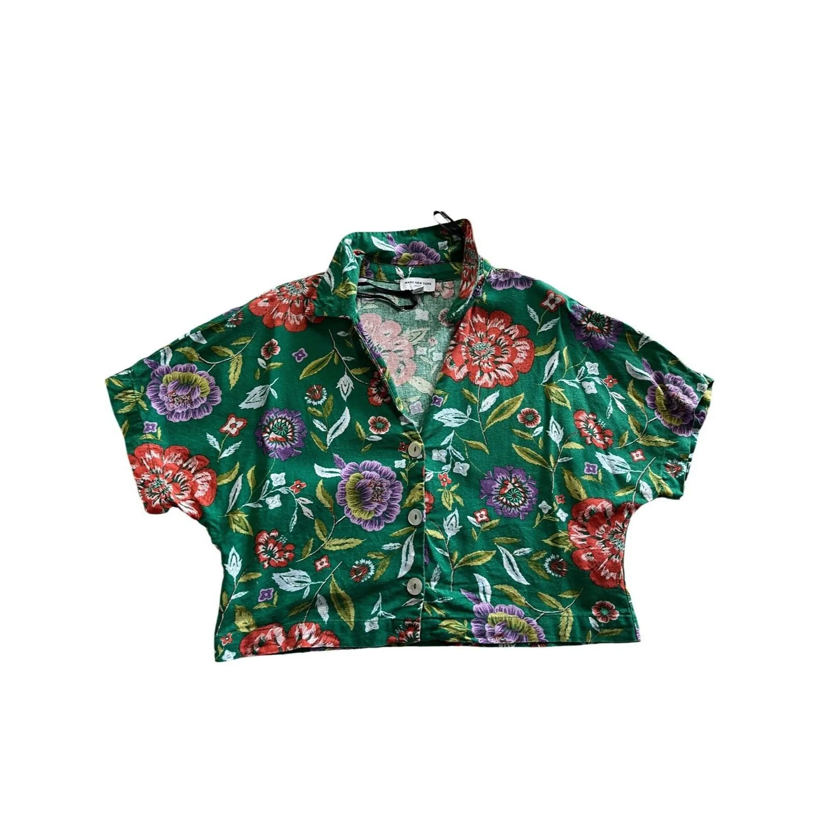 Marc New York size medium cropped linen blend floral blouse shirt top Green - Image 3