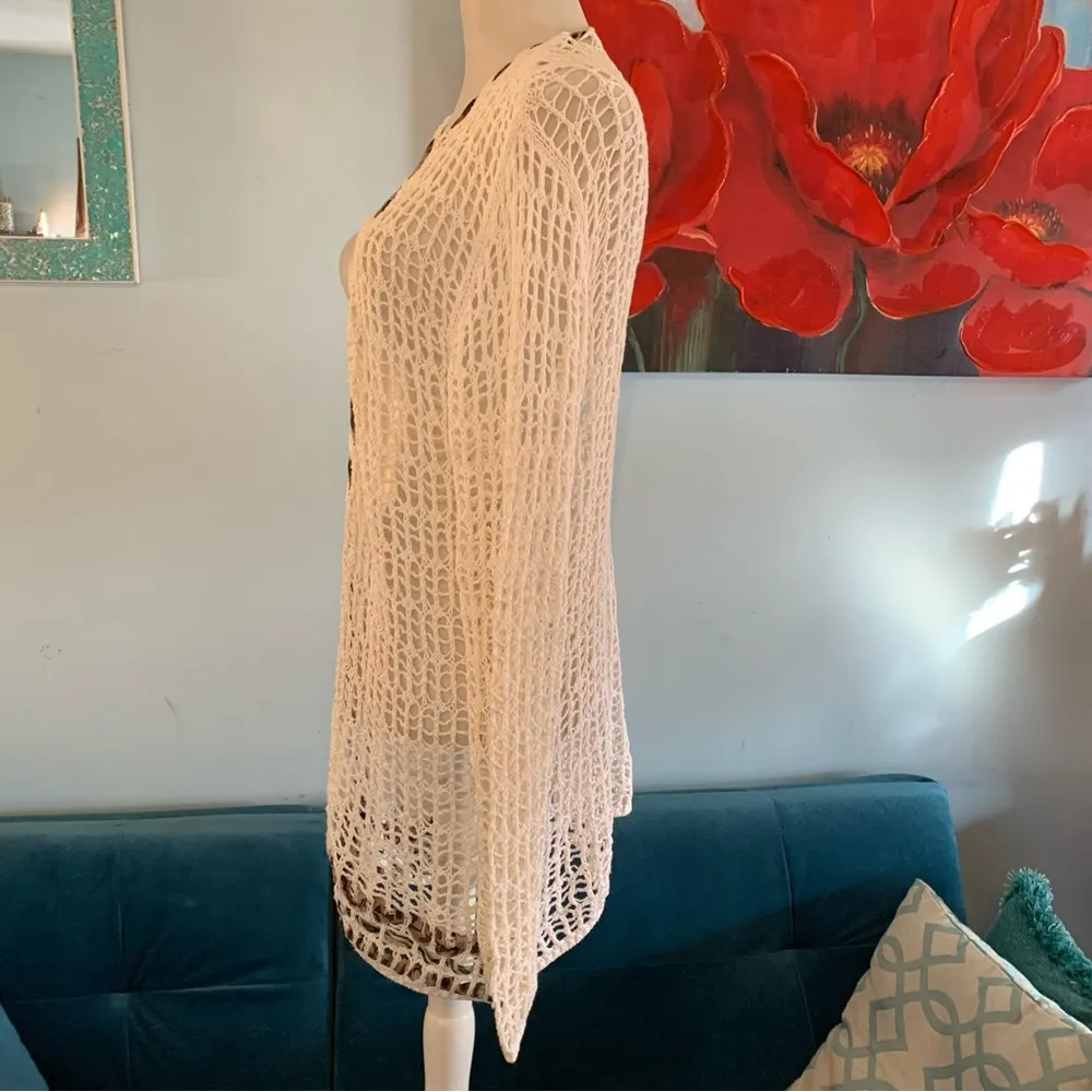 Katie Todd Weave Crochet Cardigan Boho Sz M Medium Cover Up White Ribbon Trim - Image 6