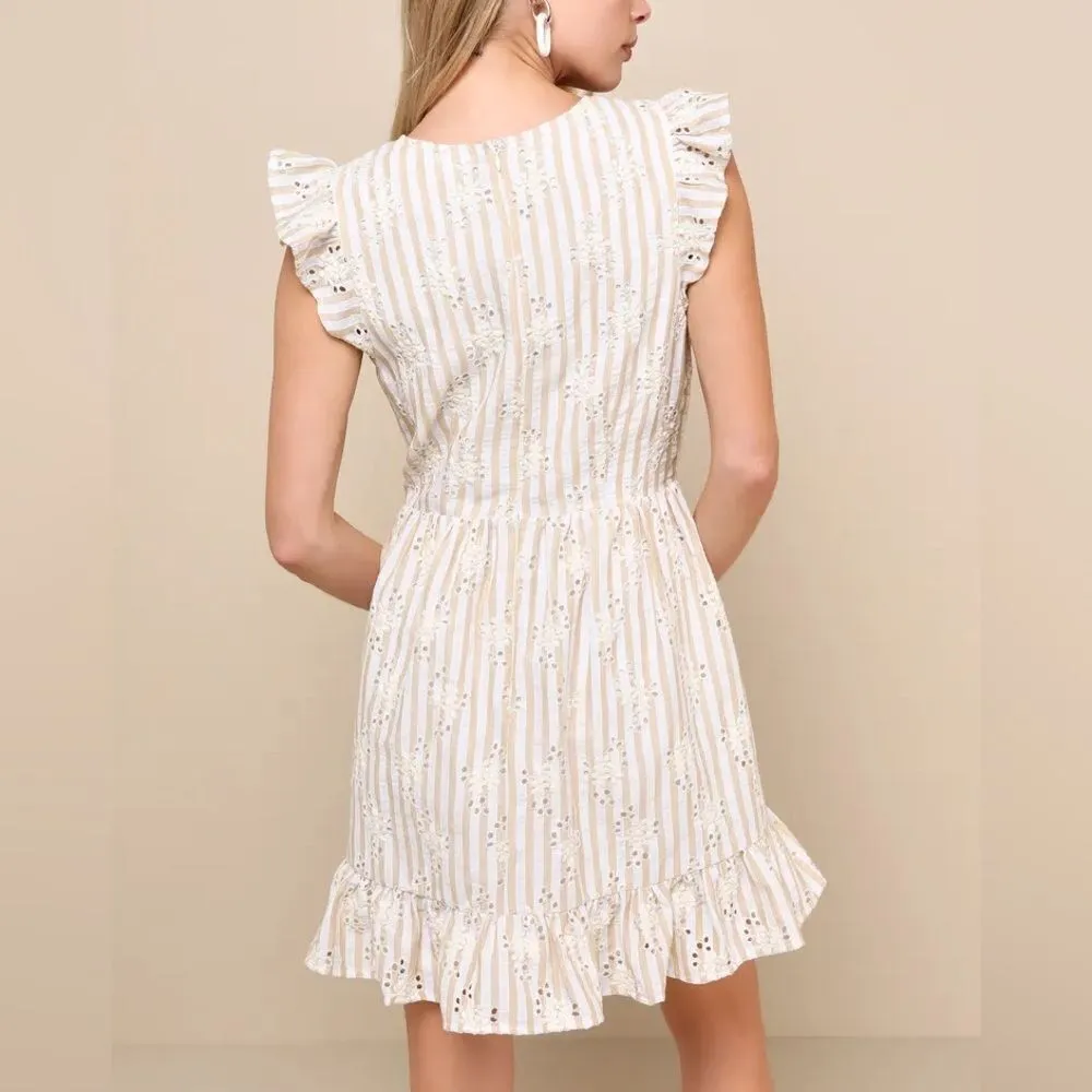 Lulus Sunny Crush Striped Embroidered Mini Dress Beige/Ivory M NWT IN PACKAGE - Image 2