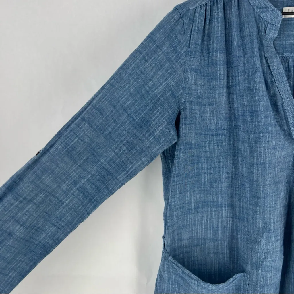 Seafolly Boyfriend Beach Shirt Blue Chambray Lightweight Roll Tab Sleeves V-Neck - Image 5