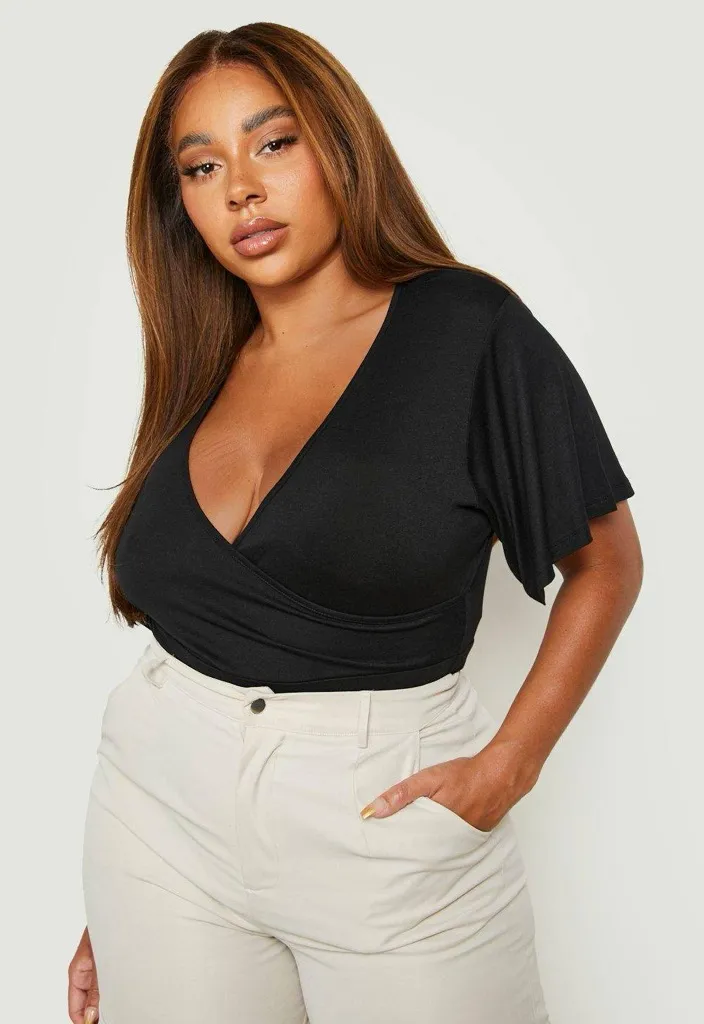 Boohoo Lola silky wrap over flared Black bodysuit top Women's NWT size 12 - Image 1