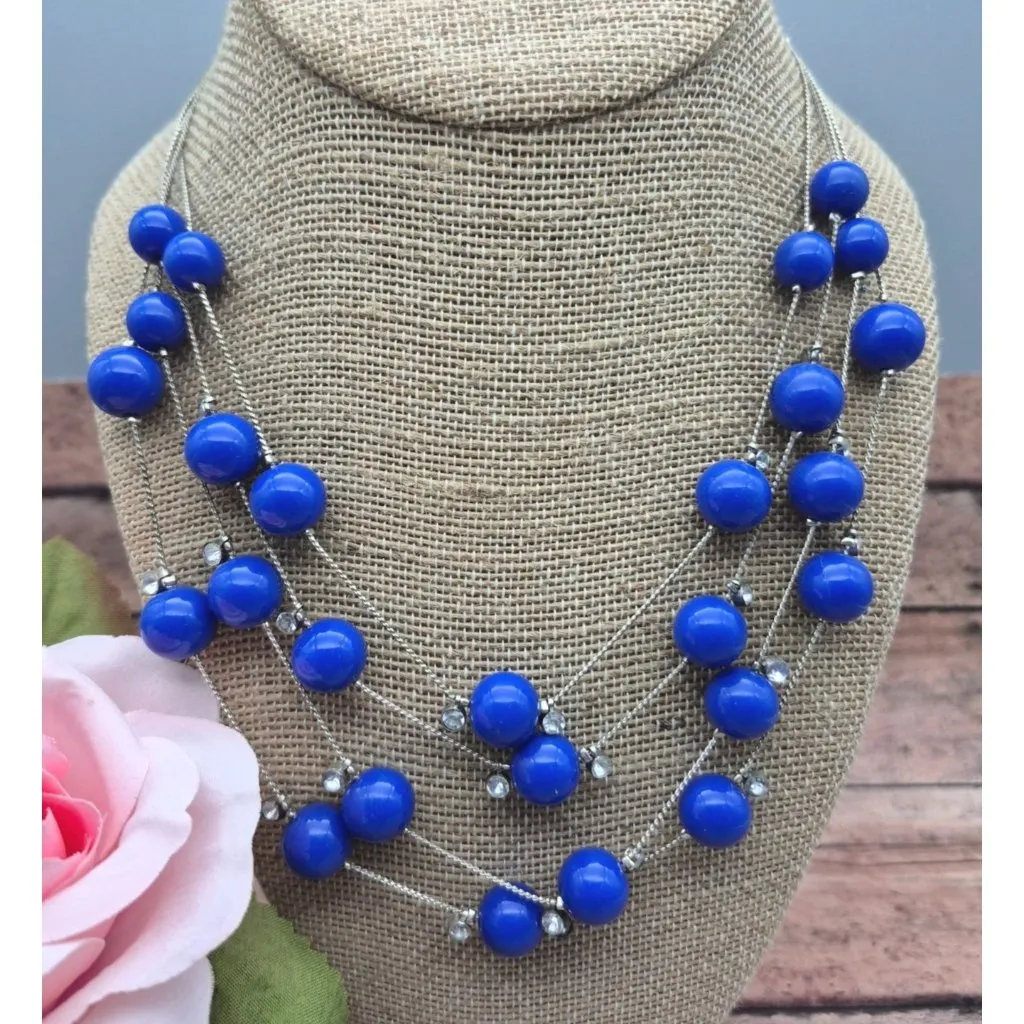 Silver Tone Multi Strand Cobalt Blue Bead Crystal Statement Collar Necklace 16" - Image 2