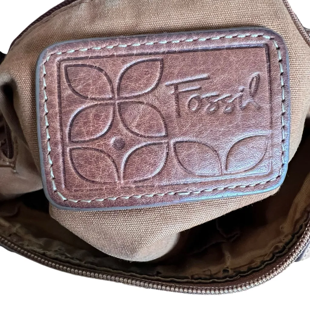 VTG FOSSIL Genuine Leather Brown Crossbody Bag Tan Satchel Zip-Top Key Charm Y2K - Image 6