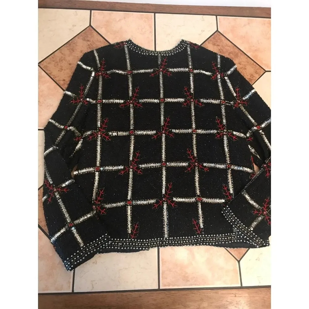 Vintage scala beaded and sequin poinsettia flower cardigan holidays party - Image 7