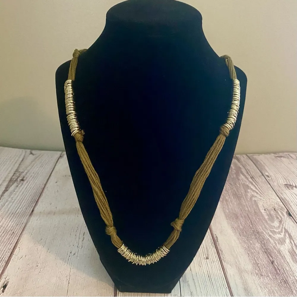 Olive Thread and Silver Ring Necklace, 36” Boho Festival Style 🌼 Green - Image 4