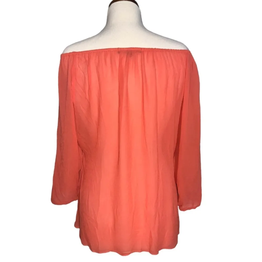 Sanctuary Peachy Orange Off Shoulder Semi-Sheer 3/4 Sleeve Flowy Loose Fit Top M - Image 4