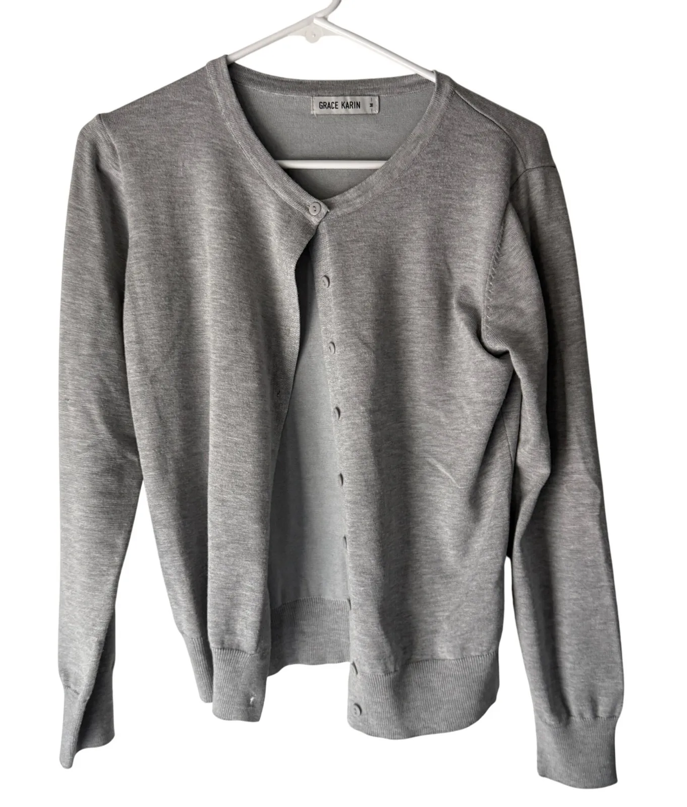 Grace Karin Womens Cardigan Sweater Gray V Neck Button Front Knit Preppy Medium - Image 1