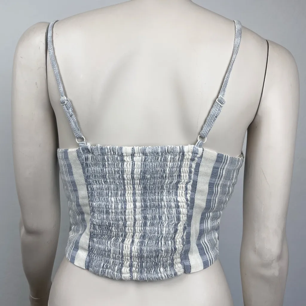 Angie Blue and White Striped Tie Front Cropped Halter‎ Tank Top - Image 4