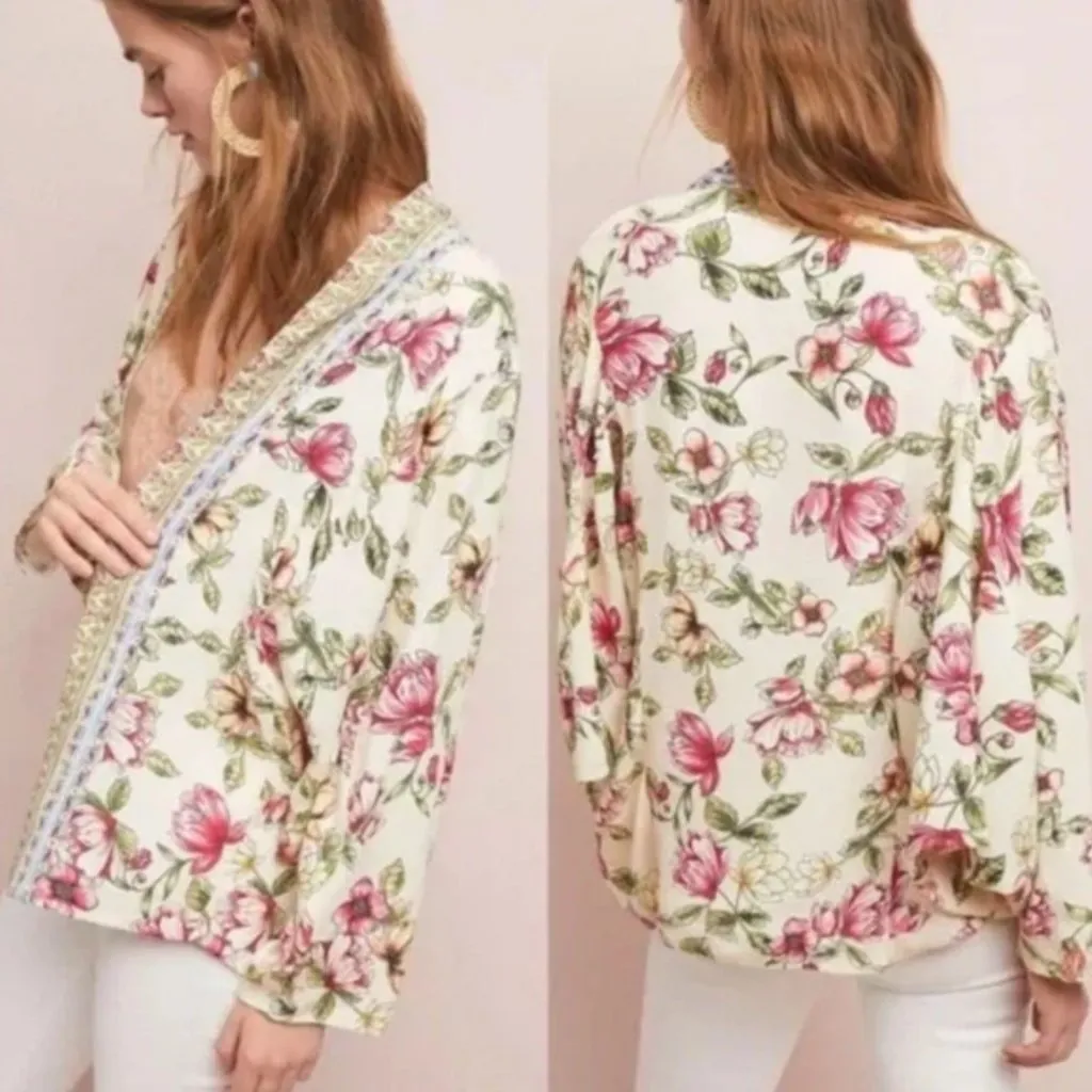 Anthro Akemi + Kin Art Nouveau Boho Lush Floral Kimono Topper One Size Jacket - Image 3