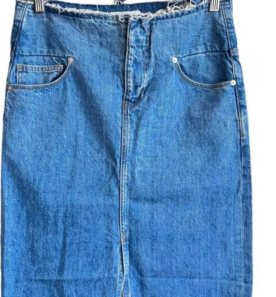 FRAME Sea Cut Off Waist Maxi Jean Denim Skirt Raw Hem‎ Blue Front Slit 26 - Image 5