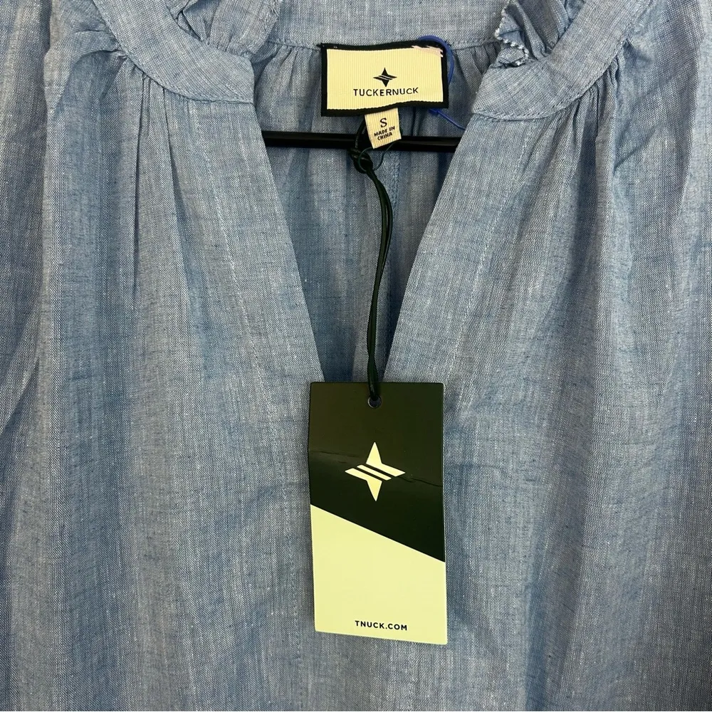 NWT Tuckernuck Chambray Crawford Blue Tiered Linen Blend Ruffle Mini Dress Small - Image 8