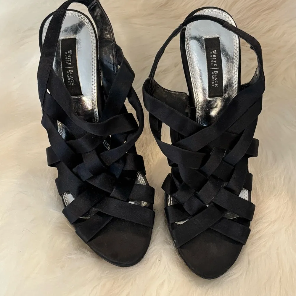 WHBM "CARSYN" Black Satin Fabric Strappy 4.5" Heels Pump Gladiator Sandal 8 - Image 8