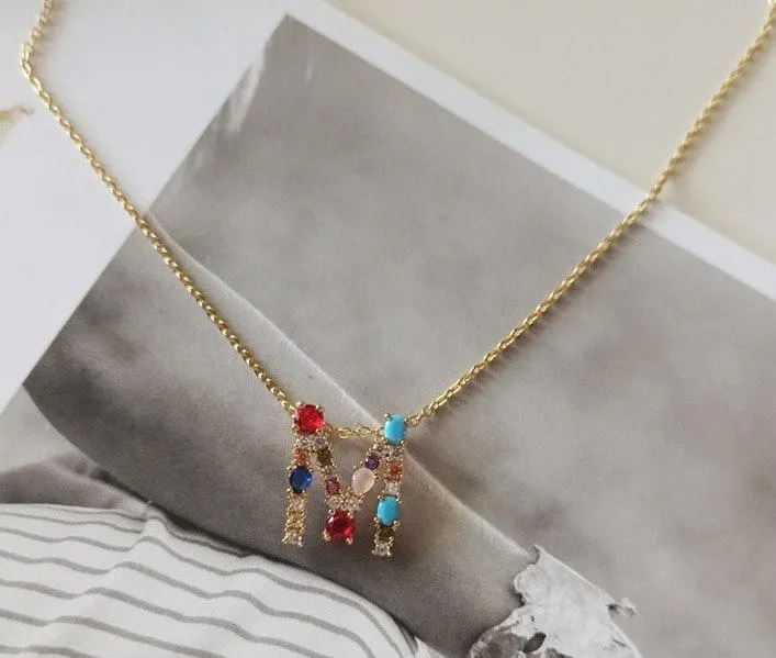 M Initial Necklace With Multi Stones Gold - Image 3