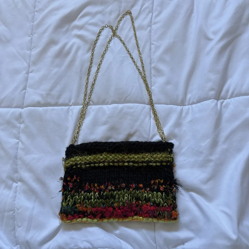 Vintage 90s Y2k Boho Bag Shoulder Fringe Hippie Gold Accents Black Green - Image 8