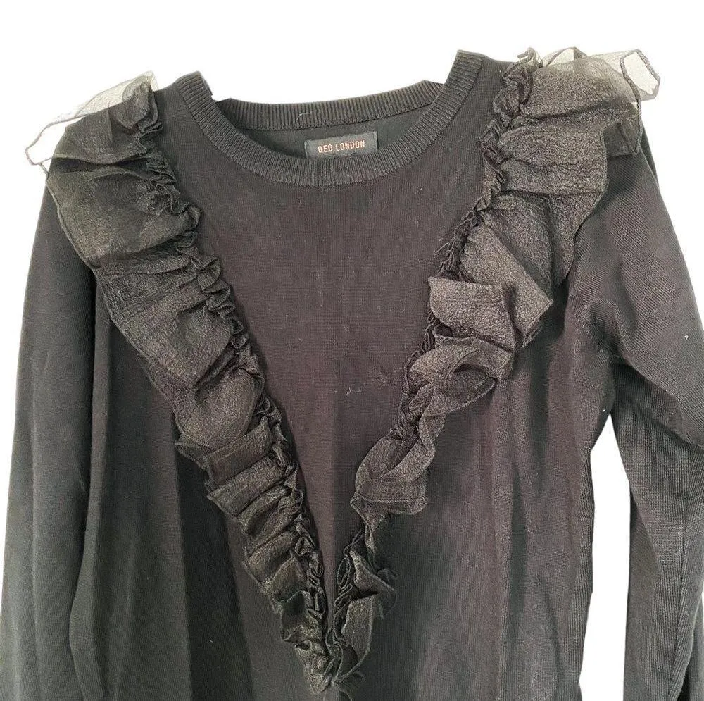 QED London Asos Black Knit Long Sleeve Ruffled Embroidered Sweater Size XS - Image 5